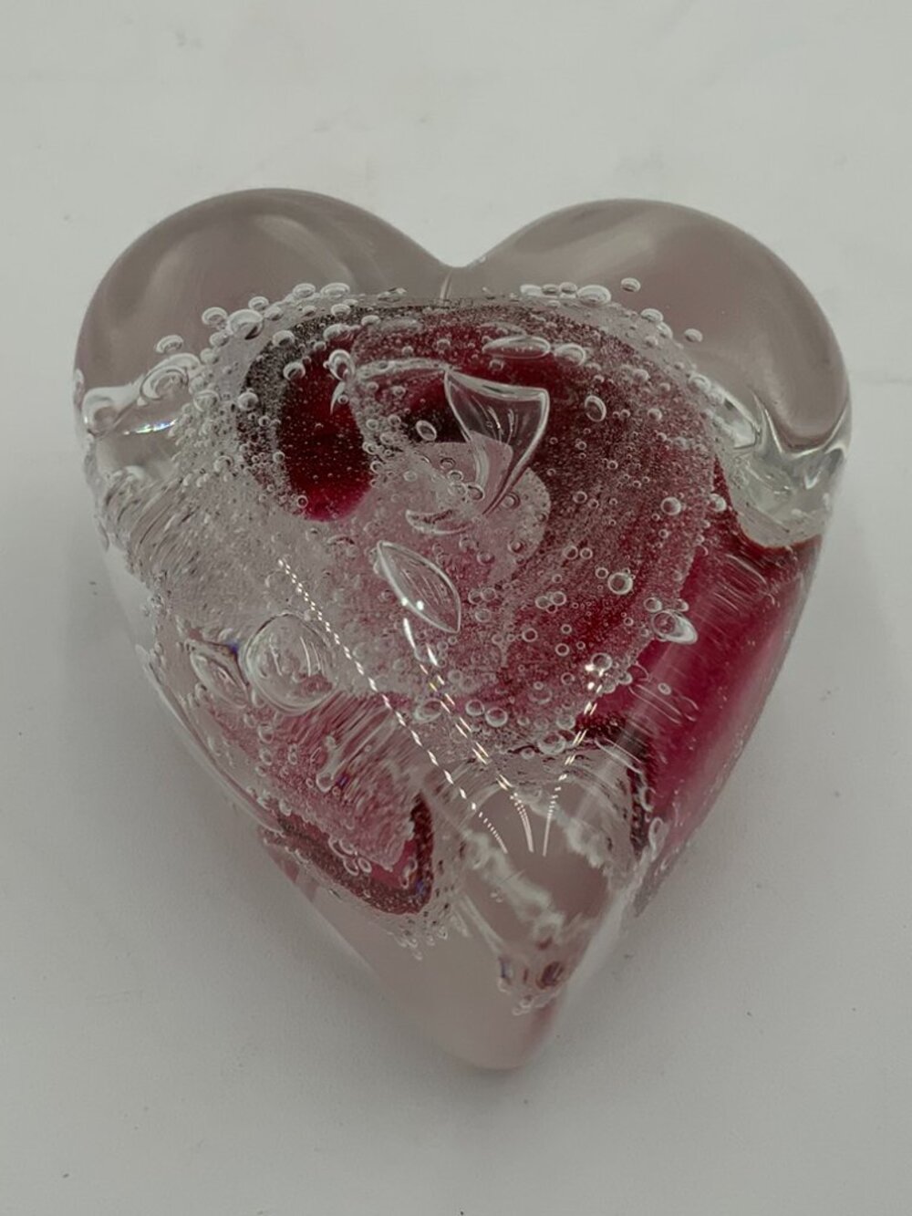 Signed Rollin Karg Heart Glass Paperweight Reddish Pink Swirl Bubbly Design